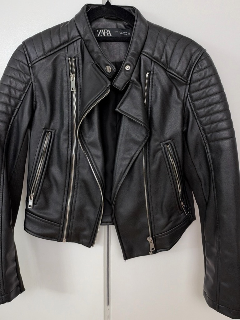 ZARA Black Quilted Moto-Style Faux Leather Jacket